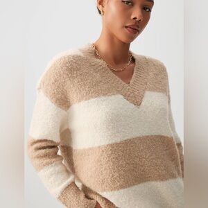 Aerie Cozy Cream and Tan Striped V-Neck Sweater